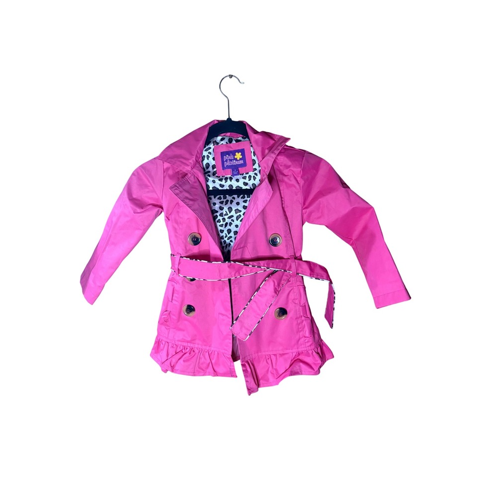 Pink Platinum Girls Hot Pink Leopard Lined Ruffle Trench Coat Jacket Size 4
